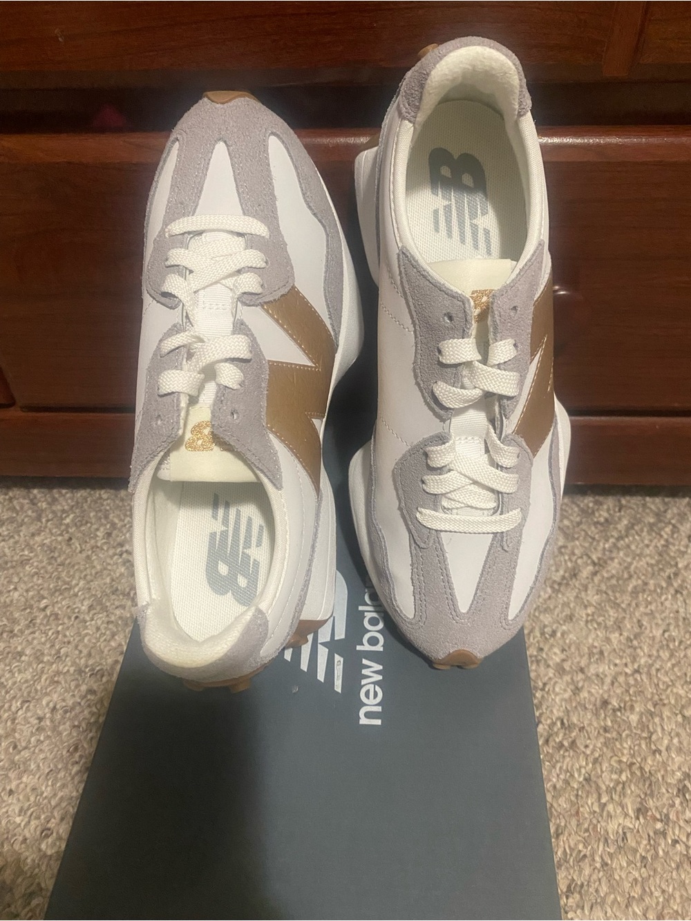 New Balance Women’s  White and Gray Sneakers with Gold Accent